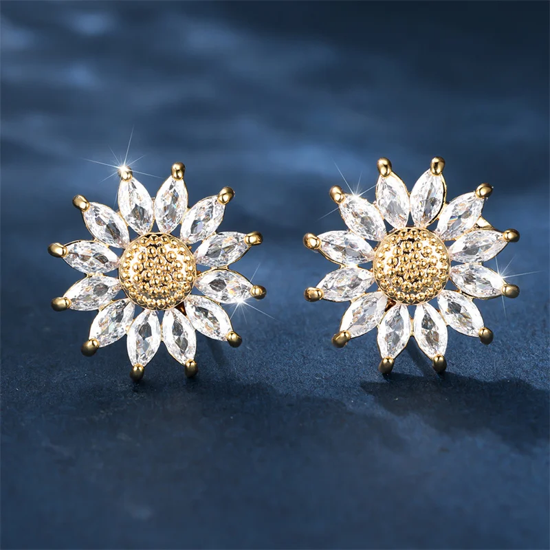 Luxury Female White Crystal Stud Earrings Yellow Gold Color Jewelry For Women Charm Round Sunflower Earrings