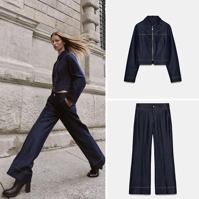 Nova Chegada Jaqueta Fena de Outono com Calças Flare, F de Zíper, Manga Longa, Estilo Casual, Ajuste Padrão, Moda Fem...