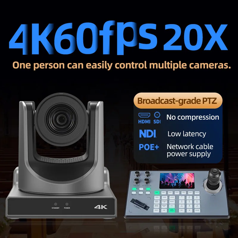 Cámara PTZ NDI 4K60fps con Zoom 20X y Seguimiento por IA, HDMI/SDI/LAN/USB, Compatible con OBS/vMix/ATEM para Grabación en Vivo en Escenarios de Iglesias