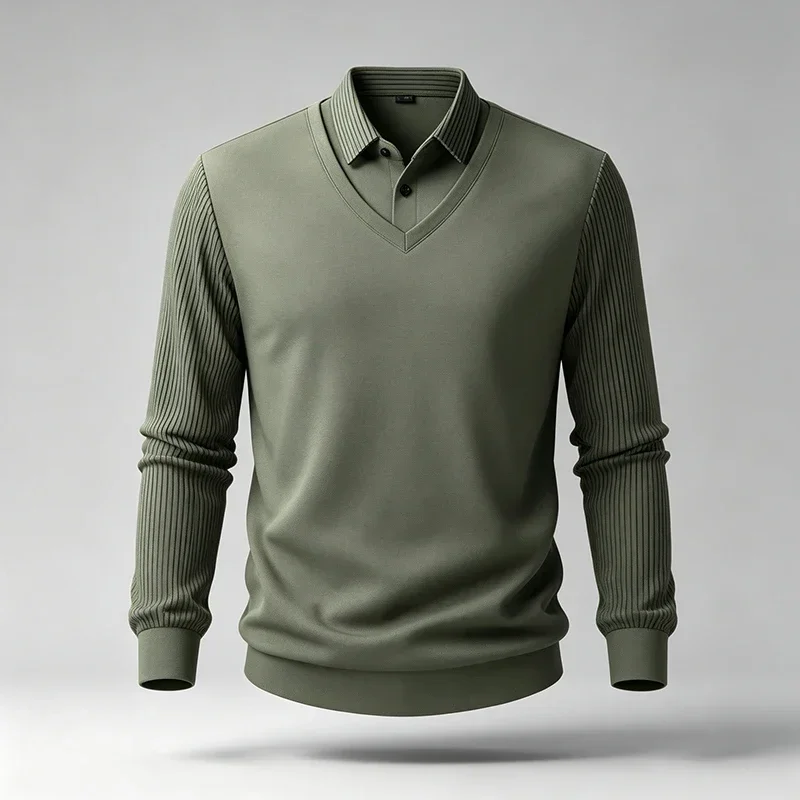 Men Fake Two Piece Long Sleeve Shirt Striped Collar and Sleeve Regular Fit Soft Wrinkle Resistant Business Casual Pullover Top