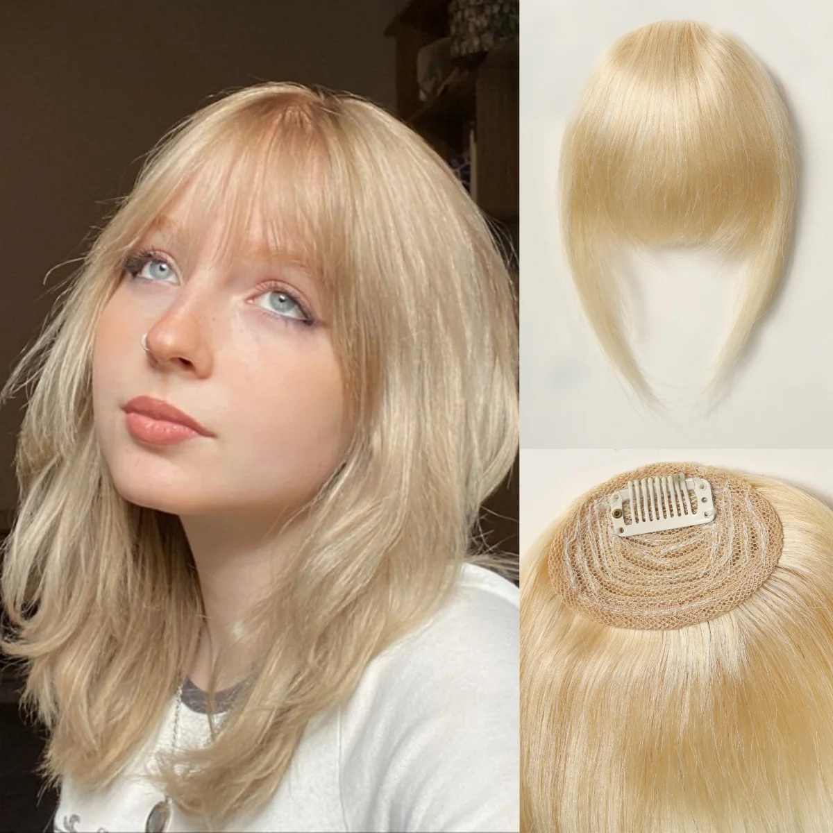 

Light Blonde Bangs Human Hair Clips Wispy Fringe with Temples Hairpieces for Women Daily Use Clip on Air Bangs Hair Extensions