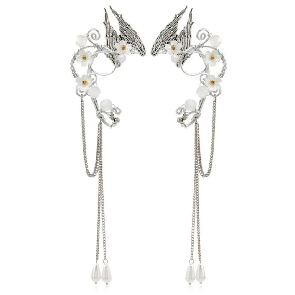 Angel Wings Fairy Ear Cuffs Aesthetic Long Tassel Elf Ear Cuffs Silver Flower Pearls Non-Piercing Earrings