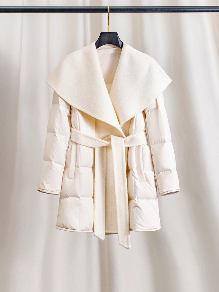

Lightweight White Double-Faced Woolen Navy Collar down Jacket Women's Winter Design Sense Belted Coat Stylish Japanese Sweet ...