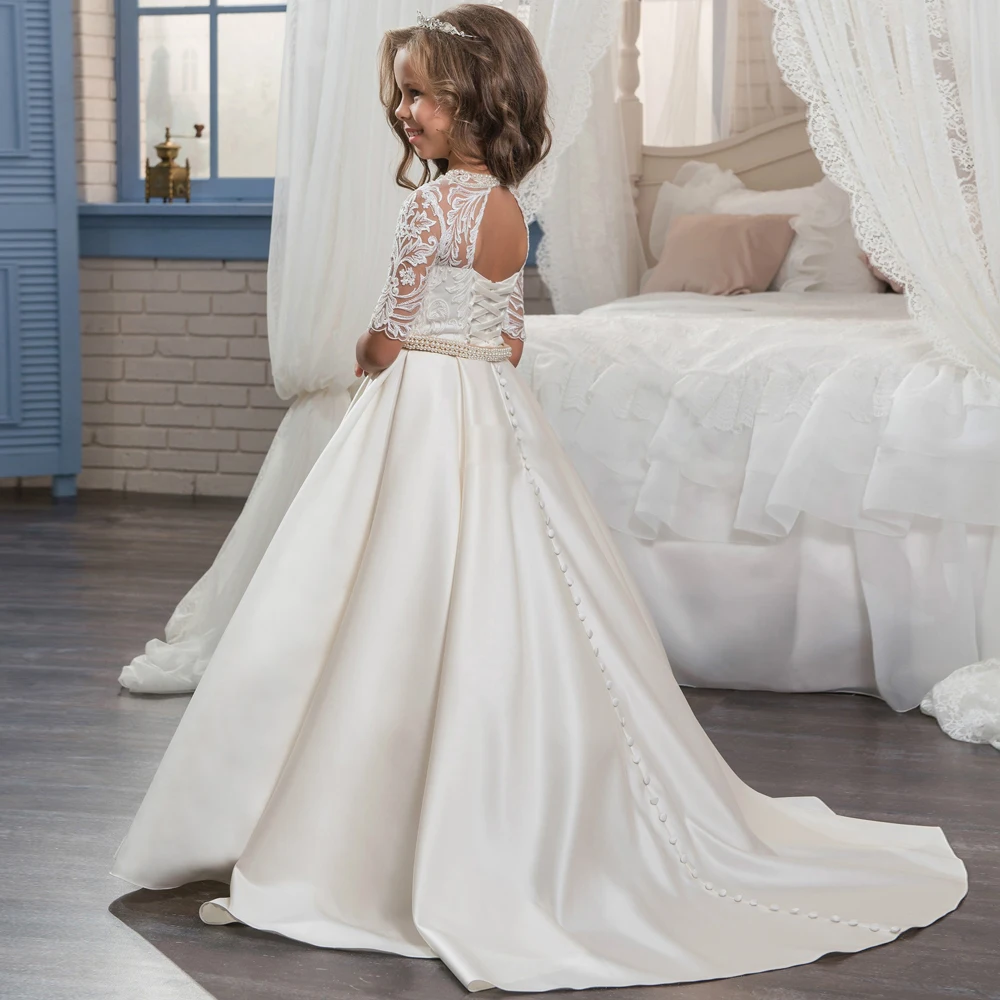 Ivory Lace Flower Girl Dress Elbow Sleeve Satin Trailing Ball Gown Beaded Sash Kids First Communion Pageant Wedding PartyDresses