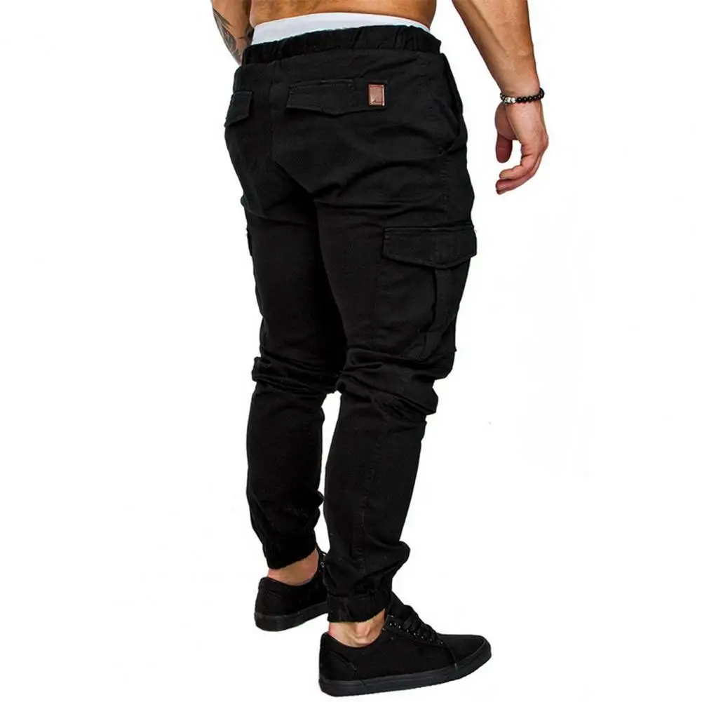 

Solid Color Men Trousers Men's Cargo Pants with Ankle-banded Design Multiple Pockets Elastic Waist Solid Color for Gym