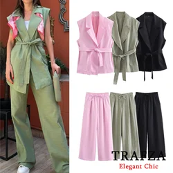 TRAFZA Casual Linen Vest Set Women Belt Sleeveless Vest with Linen Wide-legged Trouser New 2024 Spring Slightly Thicker Set