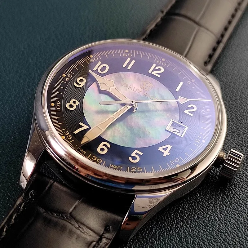 Vakuy 40mm relógio mecânico automático piloto nh35 madrepérola tridimensional prata parafuso prisioneiro negócios ao ar livre relógio à prova dwaterproof água