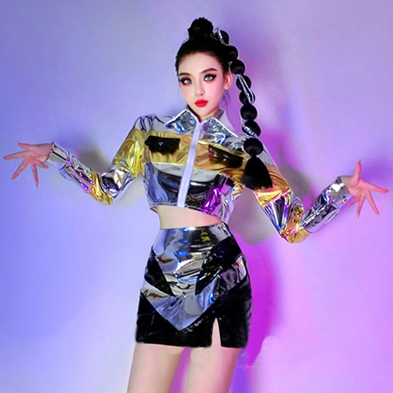 New Bar GOGO Performance Costumes Adult Cool Handsome Motorcycle Set Girl Mirror Silver Racing Style Theme Women's Outfits Set