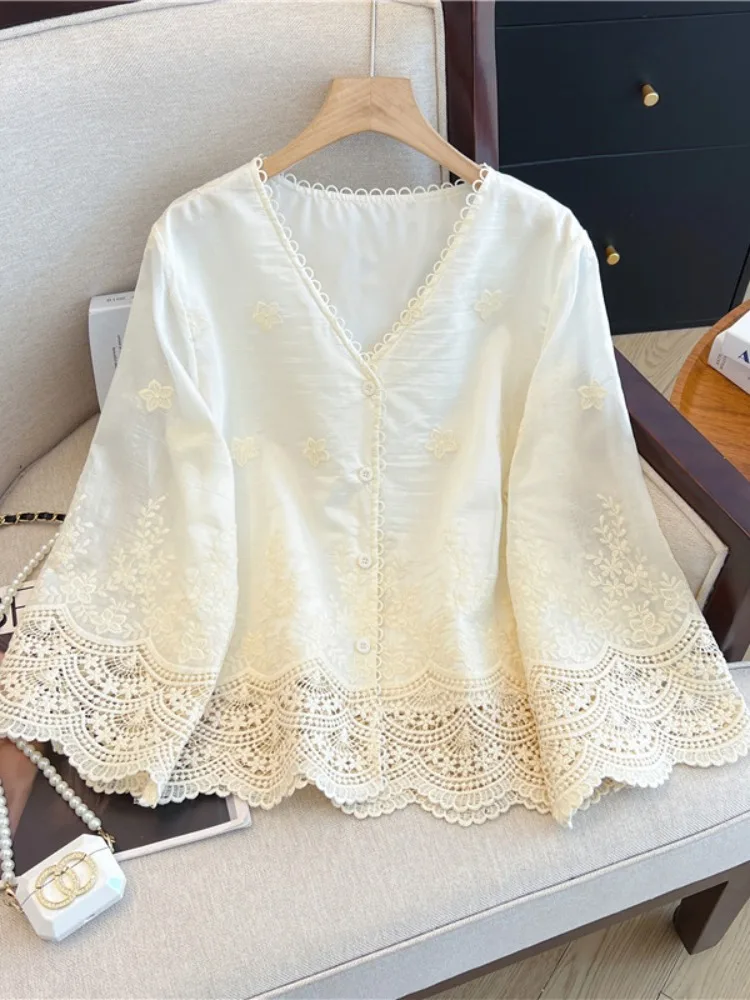 الدانتيل V-ne 3/4 Sve irt المرأة الصيف حجم كبير فضفاض Age-defng حماية من الشمس تكييف الهواء العصرية #1