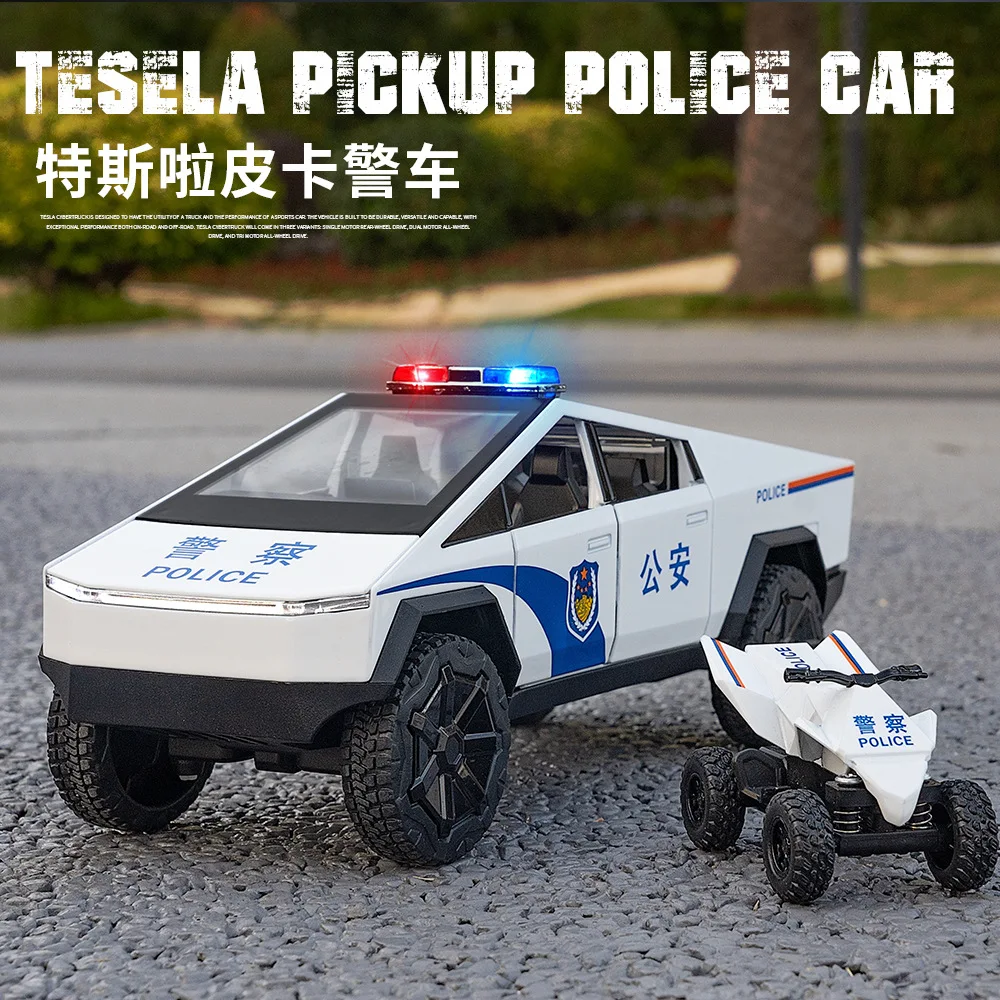 :24 Tesla Pickup Police Car High Simulation Diecast Metal Alloy Model Car Sound Light Pull Back Collection Kids Toy Gifts