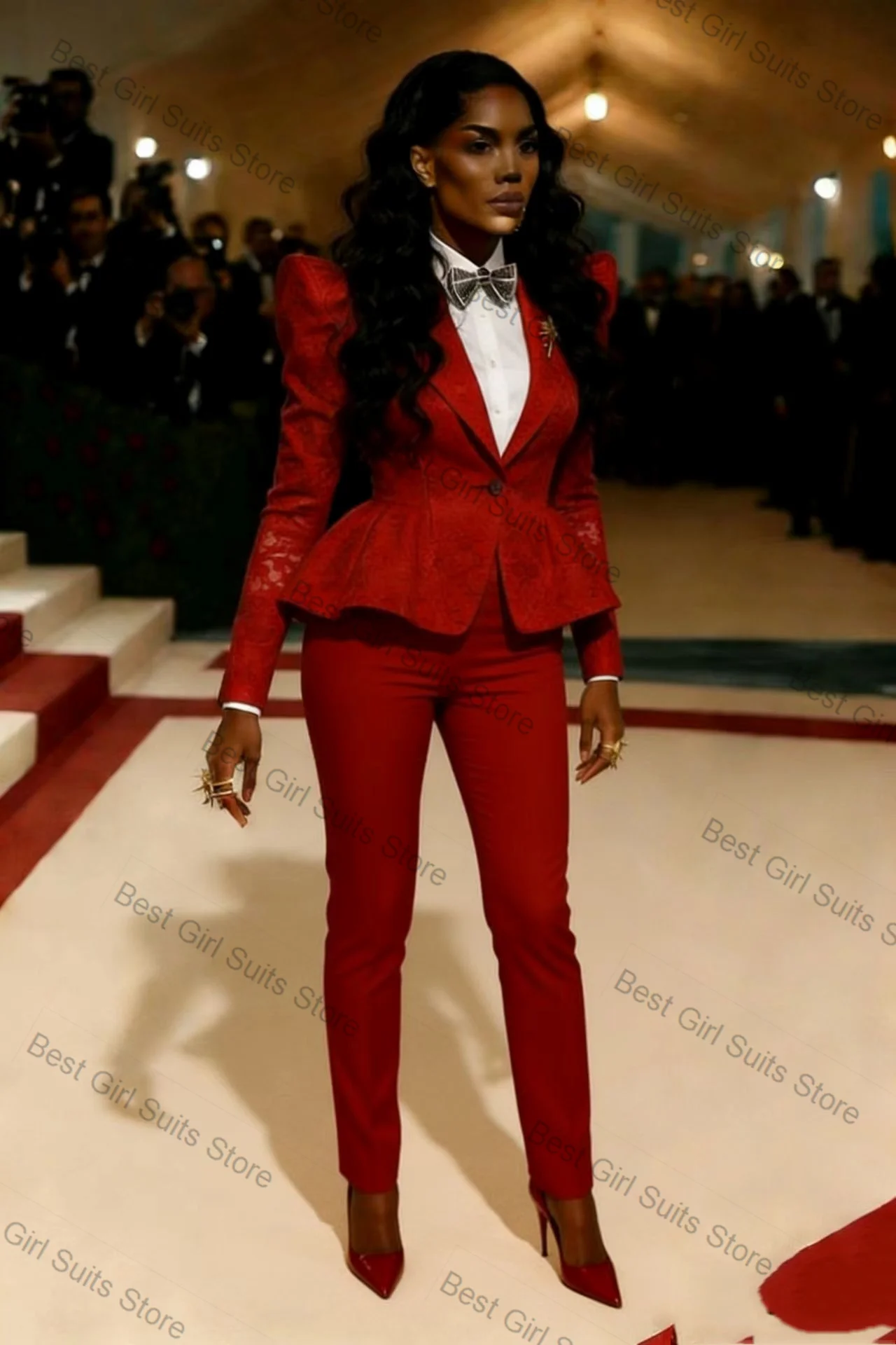 

Red Elegant Women Suit Set 2 Piece Blazer+Pants Trousers Cotton Spring Formal Office Lady Jacket Customized Wedding Coat