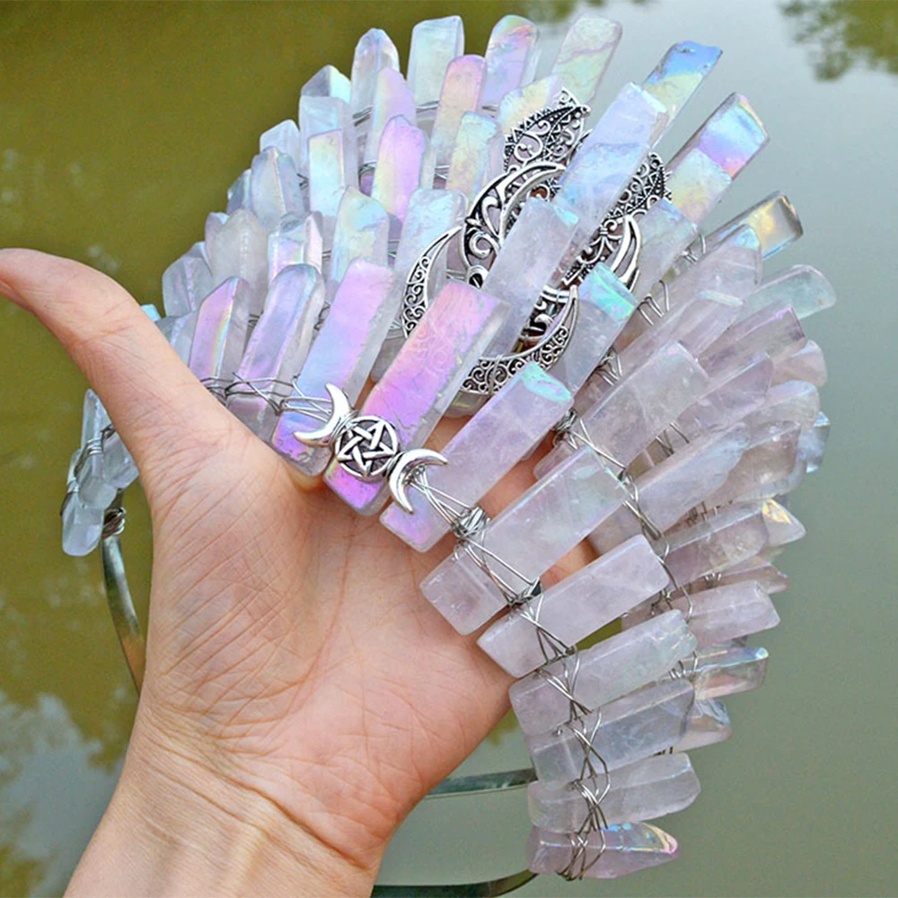 

Женская тиара из натурального кварца с кристаллами, повязка на голову в стиле бохо, богиня Солнца, луна, ведьма, аксессуары для волос, корона ручной работы для фестиваля, подарки на вечеринку