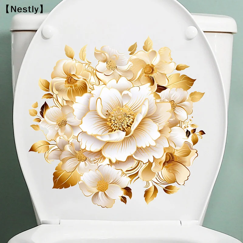 Bathroom Toilet Stickers Modern Minimalist Golden Flowers Pattern Self-adhesive Paintings For Bathroom Living Decorations〔Nest〕