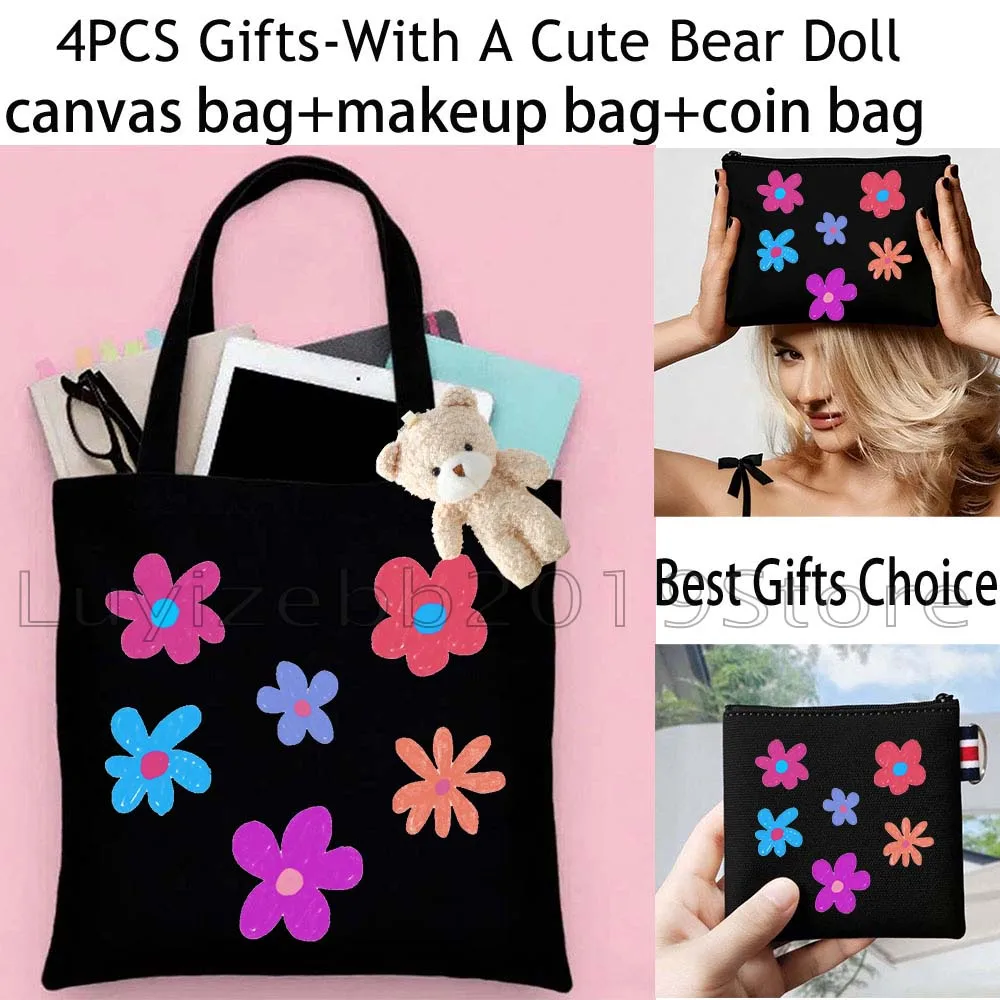 4PCS Gifts Cute Daisy Pastels Multi Floral Poppy Flowers Canvas Tote Bag Handbag,Cosmetic Makeup Bag,Coin Purse Wallet Pouch