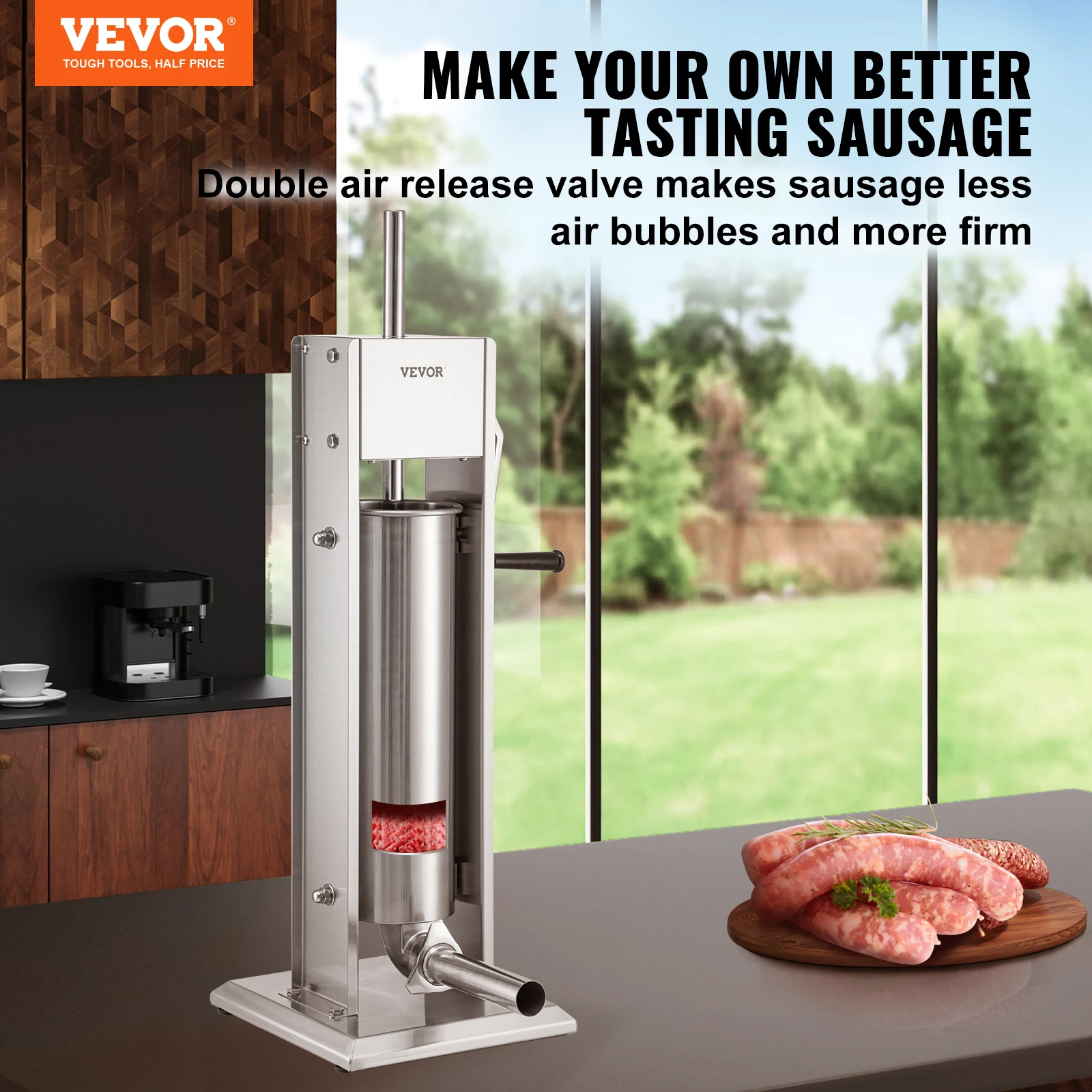 VEVOR 3 5 7 L Manual Sausage Stuffer Stainless Steel Making Sausage Vertical Maker with 5 Filling Funnels for Home Commercia