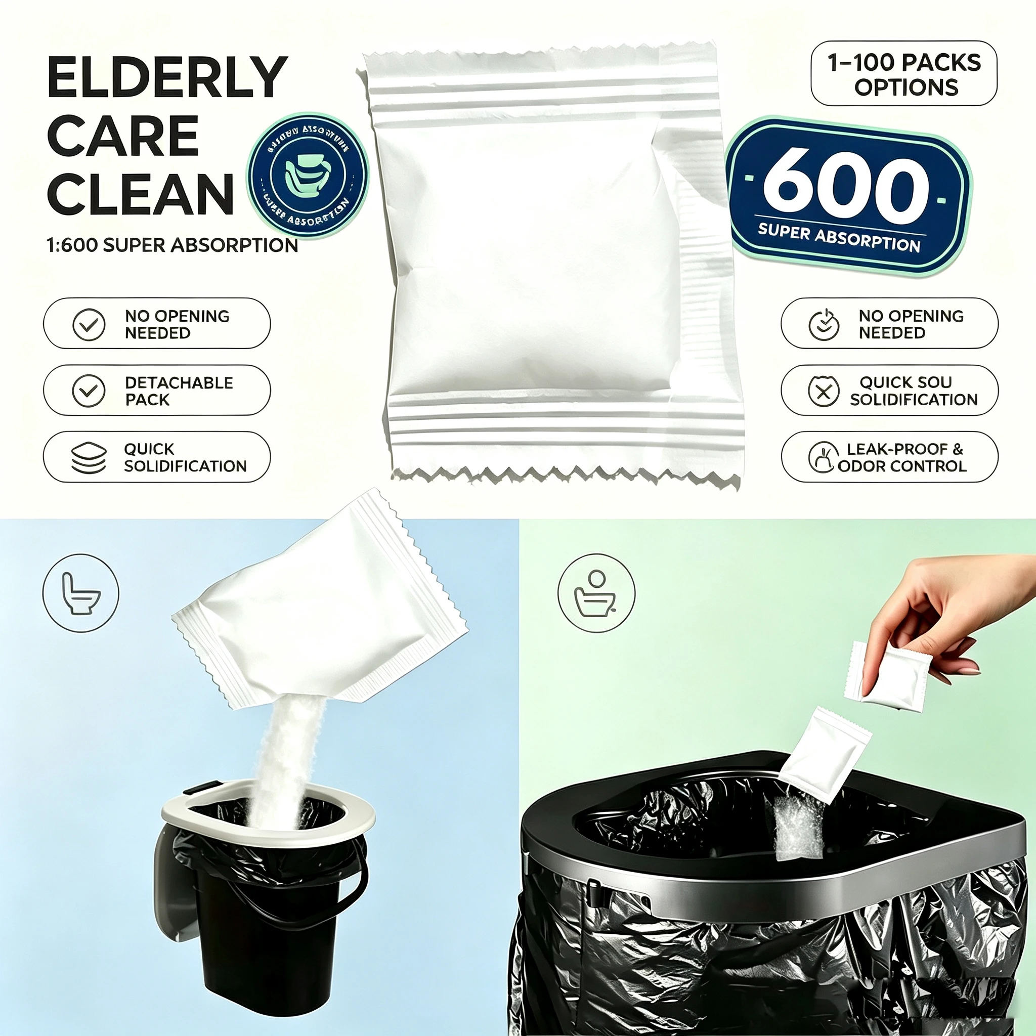 Adult Diaper Urine Absorbent Powder 3s Solidifying Odor Lock Leak-Proof Detachable Bag No Need to Unpack Inverted No Leak 1:600