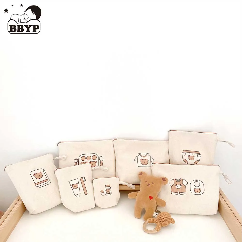 7Pcs Cute Bear Mommy Bag Children's Thermal Insulation Bag Picnic Bag for Baby Kid Cotton Fabric Portable Bag Diaper Organizatio