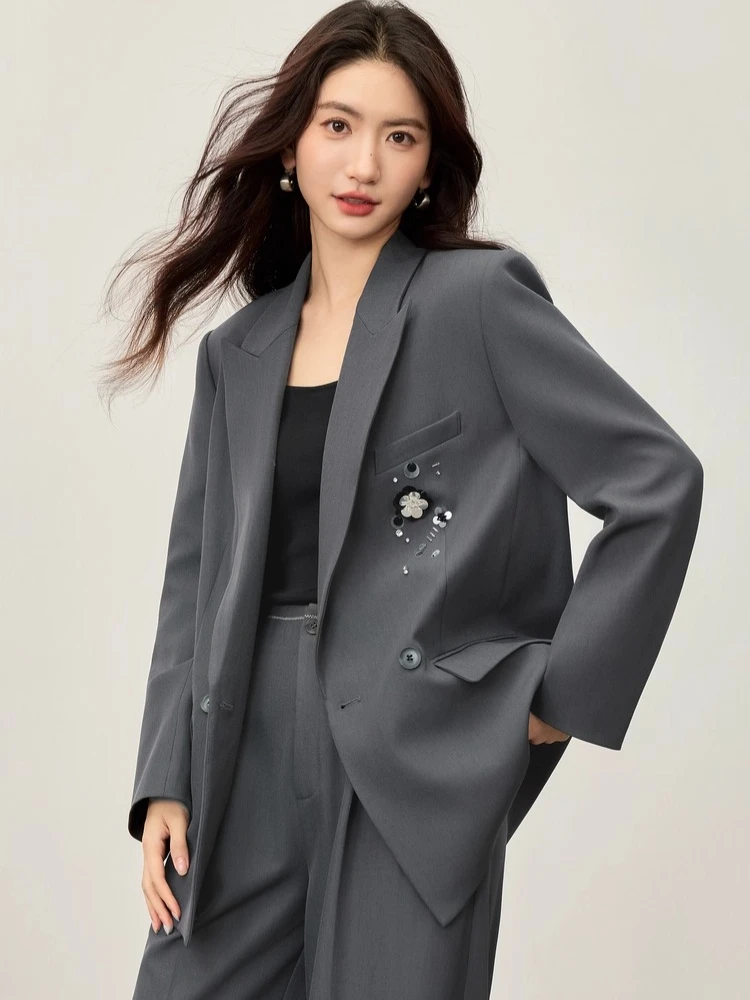 

SENTUBILA женское темно-серое короткое пальто на заказ, осень 2023, повседневный модный топ с широкими плечами и отложным воротником 153XC2458