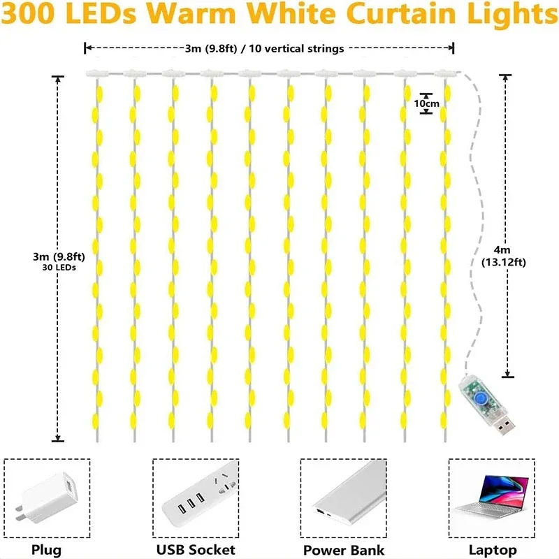 LED الستار سلسلة أضواء ، الجنية الديكور ، USB عطلة ، مصباح جارلاند ، 8 وضع ، المنزل ، حديقة ، حفلة عيد الميلاد ، السنة الجديدة ، الزفاف ، 3m