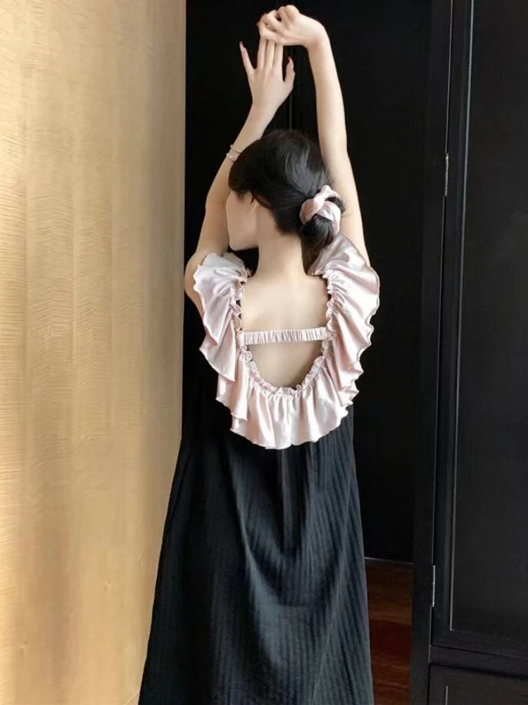 Sweet Nightgowns Women Summer Contrast Color Sexy Backless Ruffles Nightdress Cute Girlish Sleeveless Ulzzang College Sleepwear