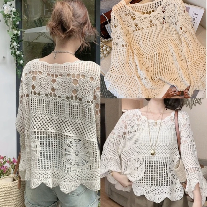 Stylish and Long Sleeve Knit Top with Delicate Floral Patterns for Women