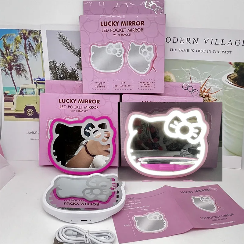 

Новое милое светодиодное карманное зеркало Hello Kitty, настольное самостоящееся зеркало для макияжа с подсветкой, портативное складное зеркало для красоты с USB-портом для девочек