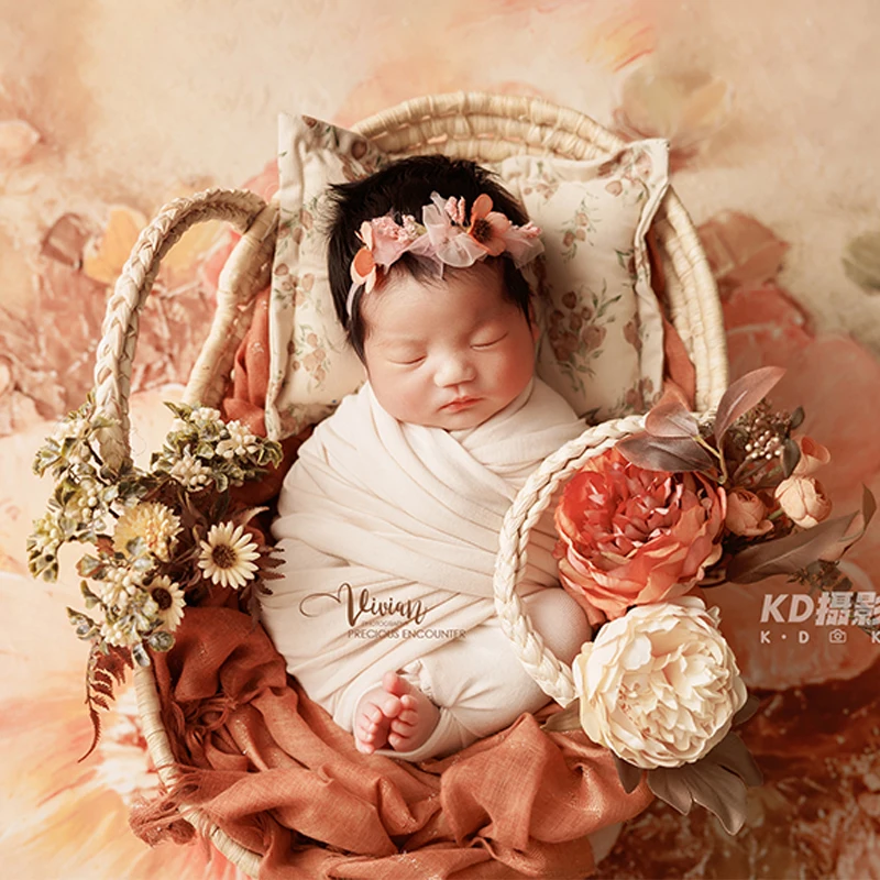 0-1Month Newborn Photography Props Floral Theme White Baby Wrap Headpieces Blanket Posing Pillow 5pcs Studio Photoshoot Costumes