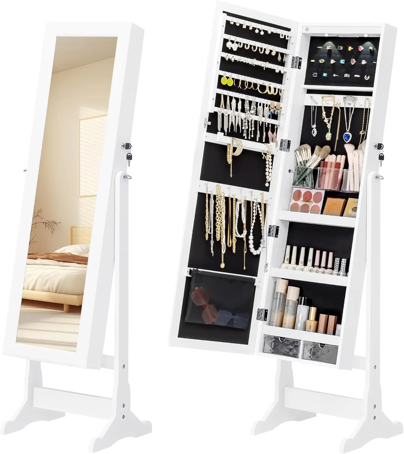 Mirror Jewelry Cabinet Standing Full Length Mirror with Storage Jewelry Armoire Organizer with LED Lights, 2 Drawers (White)