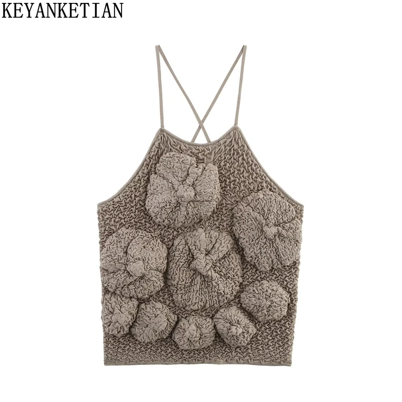 

KEYANKETIAN, новая летняя женская одежда, дизайн, пушистая текстура, топ, трехмерный жилет с открытой спиной и цветком
