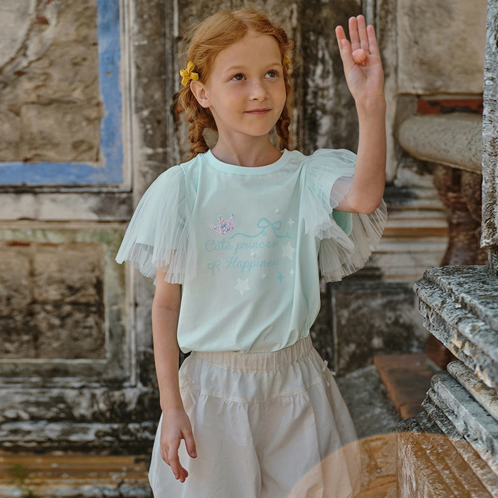Dave Bella Girl Printed Summer Mesh T-shirts Kids Short Sleeve Tees Children Cotton Tops Casual Outdoor Clothes DK2261536