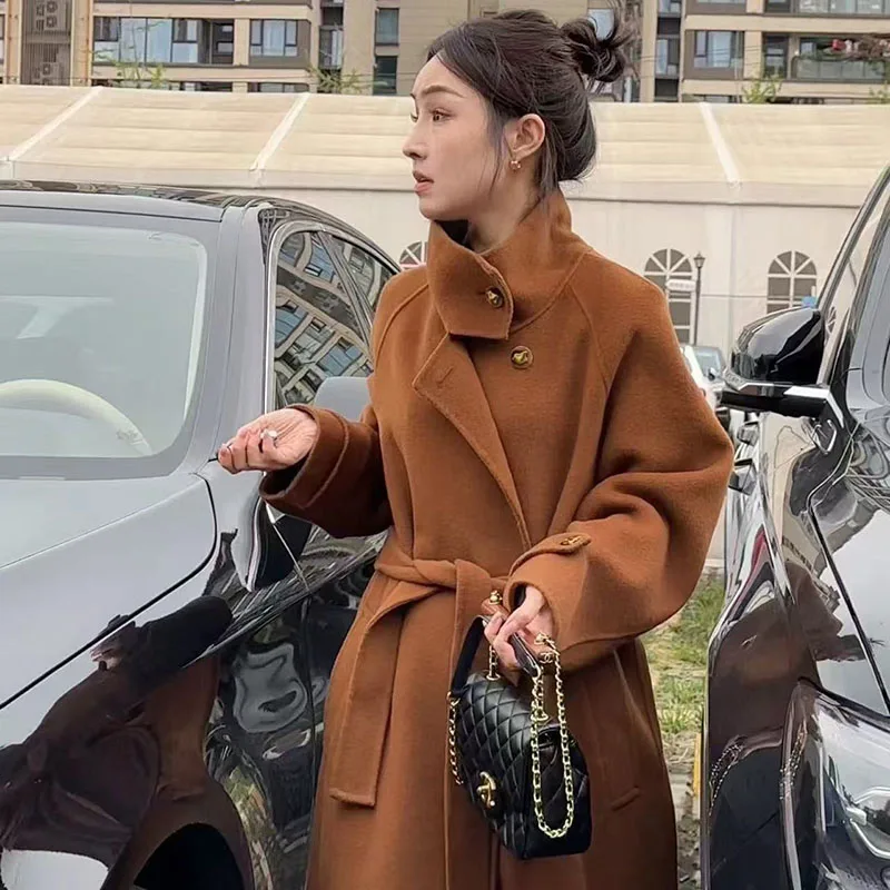 

Winter Autumn Christmas Black Loose Long Wool Coat Jacket Belt Woolen Overcoat 2025 Korean Women Split Hem Cardigan Outerwear