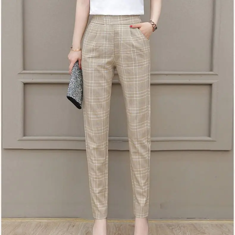 Spring Autumn Women\'s Clothing Striped Plaid Pockets Elastic High Waisted Contrast Color Straight Trouser Suits Vacation Pants