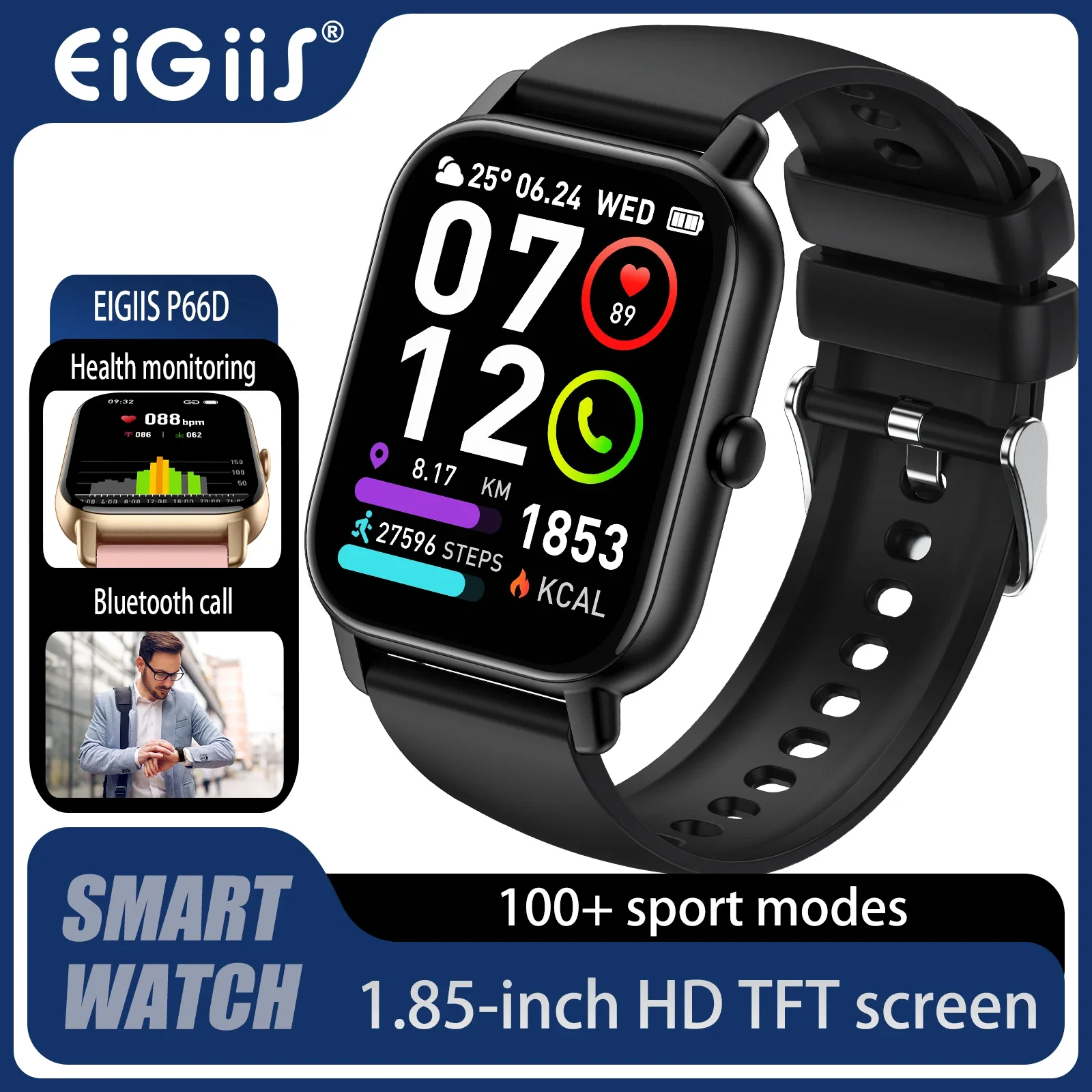 

Смарт-часы EIGIIS P66D мужские/женские, 1,85 дюйма, TFT, IP68, водостойкие, Bluetooth