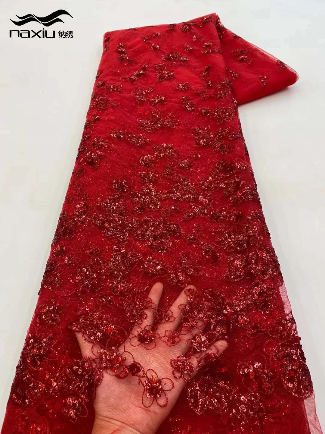 Madison-High Quality African Lace Fabric, Red French Net Sequins, Sewing Embroidered Tulle, Nigerian Lace Fabric, 5Y