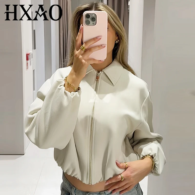 

HXAO Women's Bomber Jacket Autumn 2025 Puff Beige Crop Coat Zip Up Oversized Jacket Plus Size Long Sleeve Tops Loose Outerwears