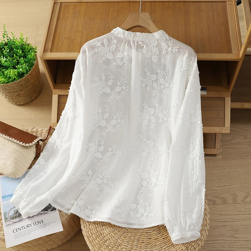 Pur coton brodé Long Sve coupe ample col montant femmes irt printemps nouveau Sle doux polyvalent Floral cousu irt