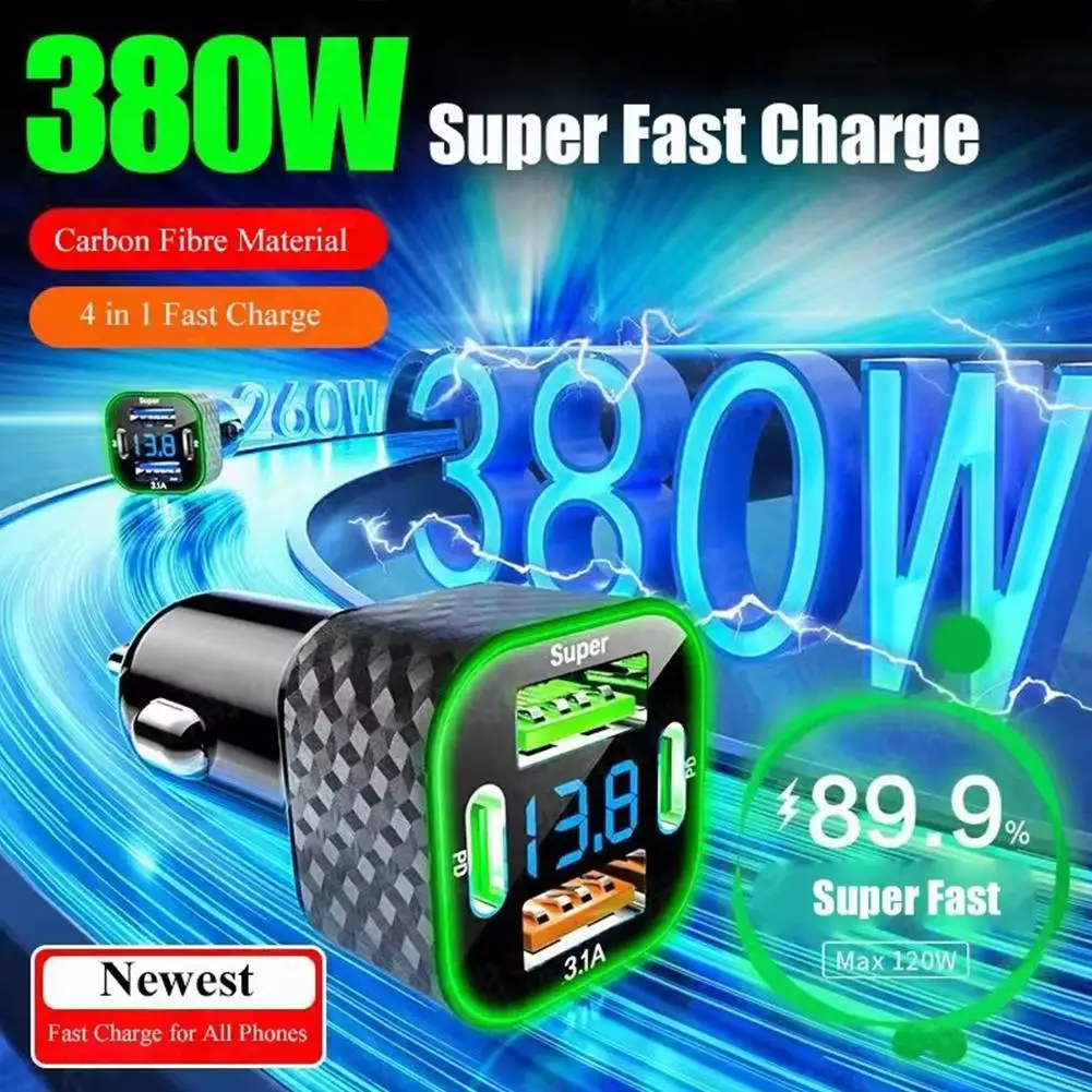 380W Car Charger Fast Charging 2 USB Ports Adapter for IPhone Quick Charging Chargers with Digital Display