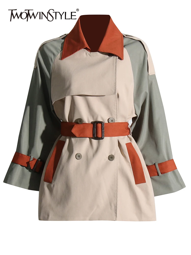 

TWOTWINSTYLE Colorblock Casual Spliced Button Trenches For Women Lapel Long Sleeve Patchwork Belt Temperament Trench Female 2023