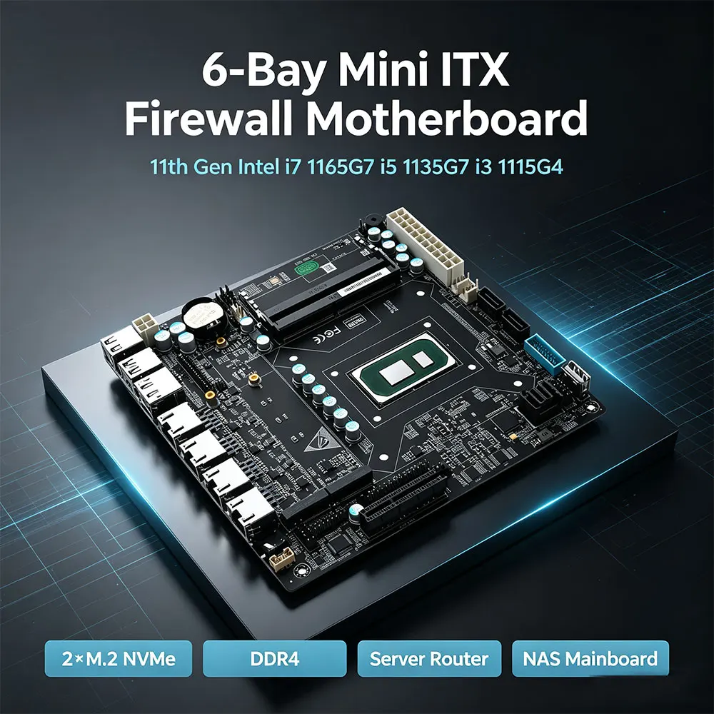 6 Bay Mini Itx Nas Firewall Motherboard 11th Gen I7 1165g7 I5 1135g7 I3 1115g4 4× I226-v 2.5g Ddr4 Server Mainboard