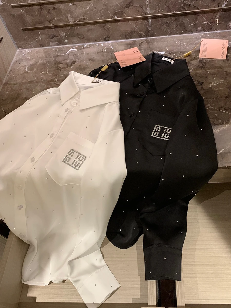 

Tianxing Embellied Diamond Letter Long Sve irt Women's Korean Sle Loose Mid-Length Casual irt Faion Top