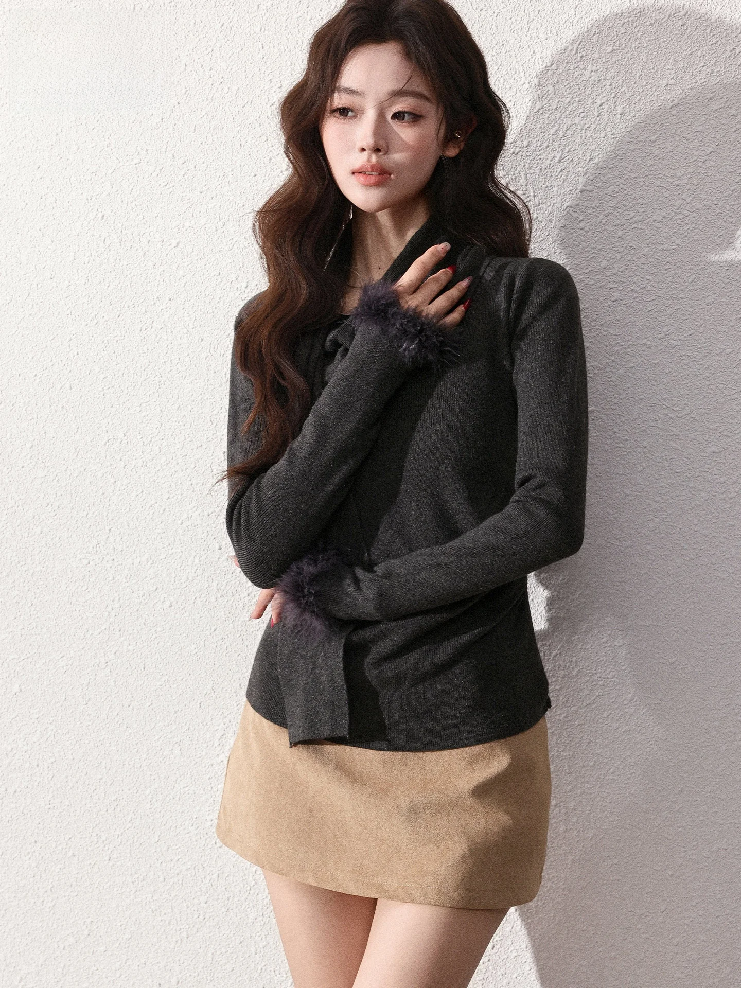 

Gray Elegantly Draped Sleeve Knitted Sweater Women's Casual Slimming Waist T-Shirt French Style Long Sleeve Regular Fit Knitwear