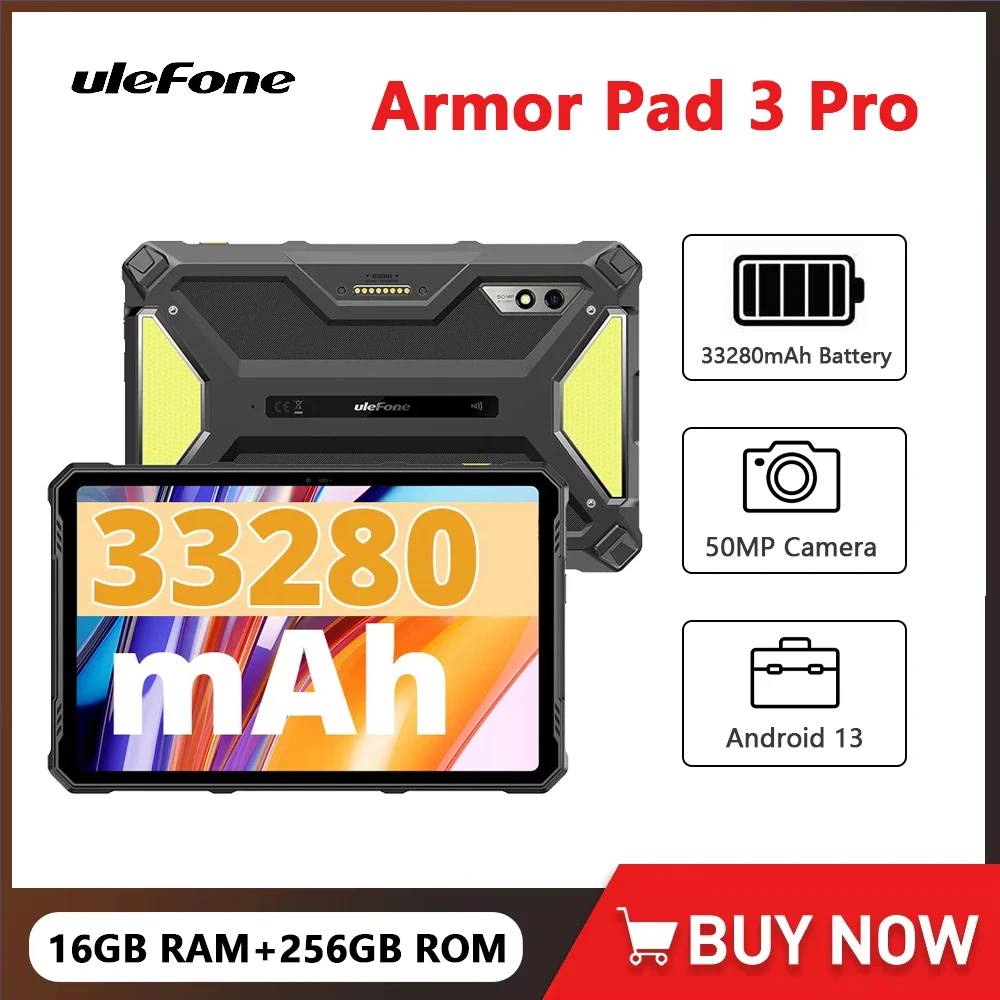 Ulefone Armor Pad 3 Pro 4G Rugged Tablet 33280mAh Battery 16GB RAM+256GB ROM Smart Pad 50MP 10.36Inch 2K Android 13 Tablets PC