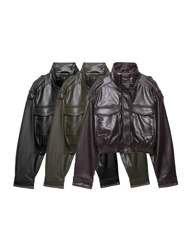

Autumn Winter New Women Faux Leather Short Coat Long Sleeve High Collar Chic Jacket Flap Pockets Female Outerwear