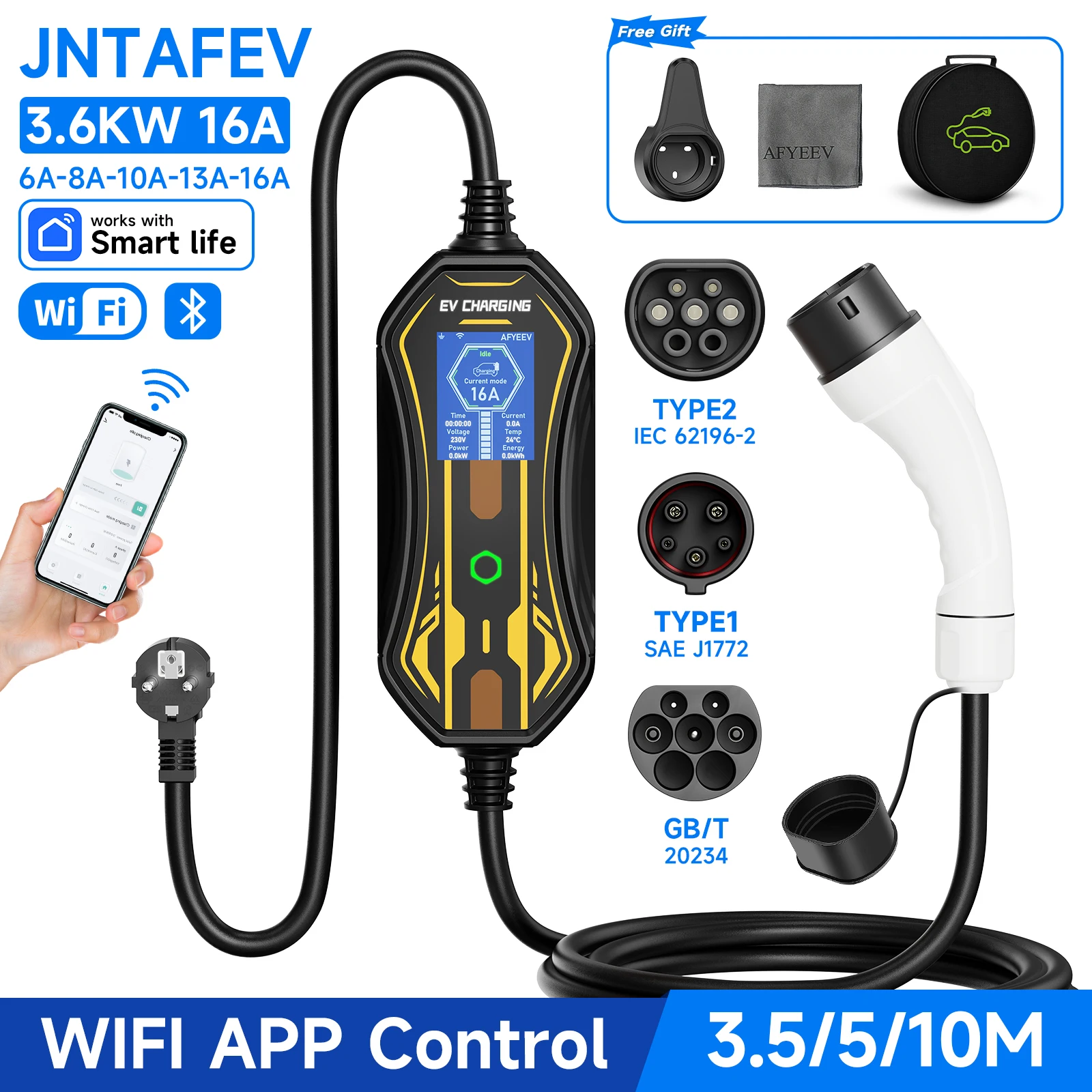 JNTAFEV 16A 3.6KW Protable EV Charger for Electric Vehicle Charging Type2/Type1/GBT Charger 3.5/5/10M Wallbox WIFI APP Control
