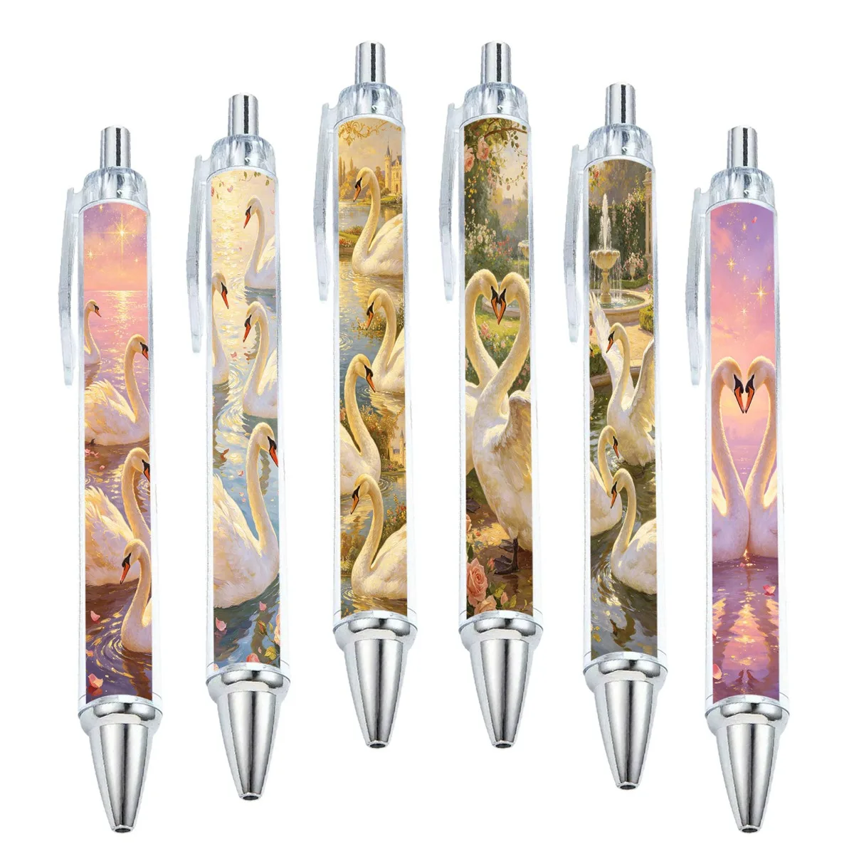 6pcs/9pcs Romantic Swan Theme Writing Pens, Ballpoint Pens, Rolling Paper Pens, Fun Stationery, Student Writing Pens with Realis