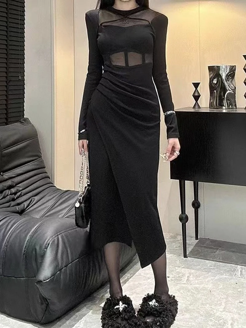 Women Sexy V-neck Goth Dark Spicy Girl Bodycon Mini Dresses Gothic Mesh Patchwork Sheer Club Party Dress