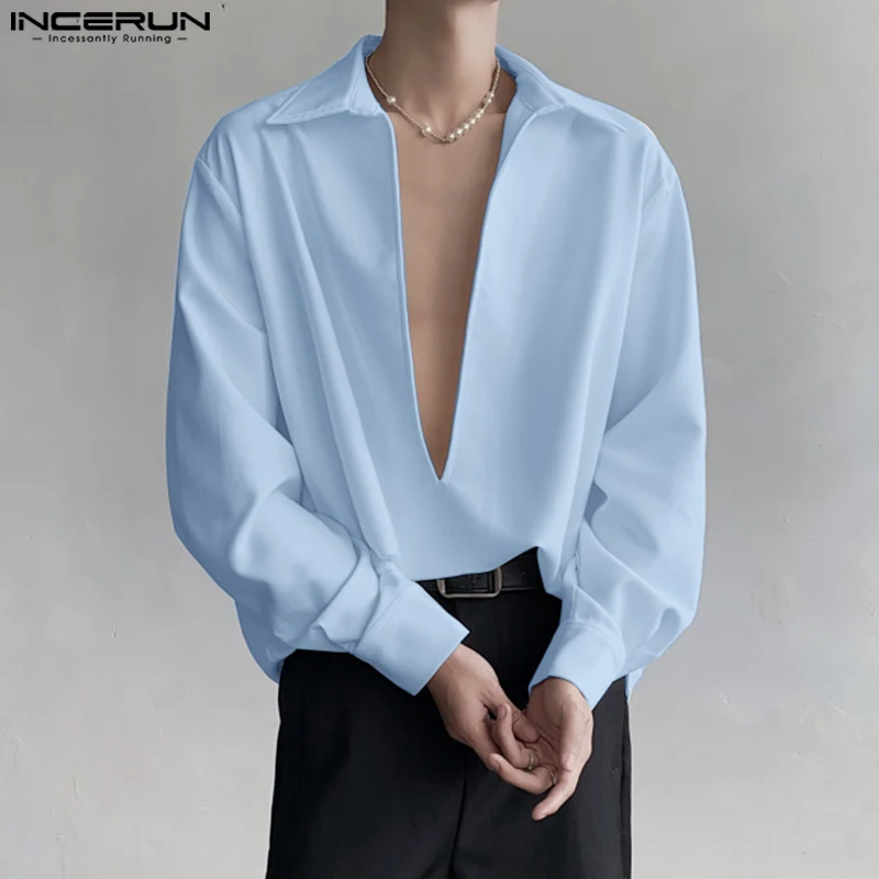 INCERUN Tops 2024 Korean Style Men Personality Large V-neck Shoulder Pad Design Shirts Solid All-match Long Sleeved Blouse S-5XL