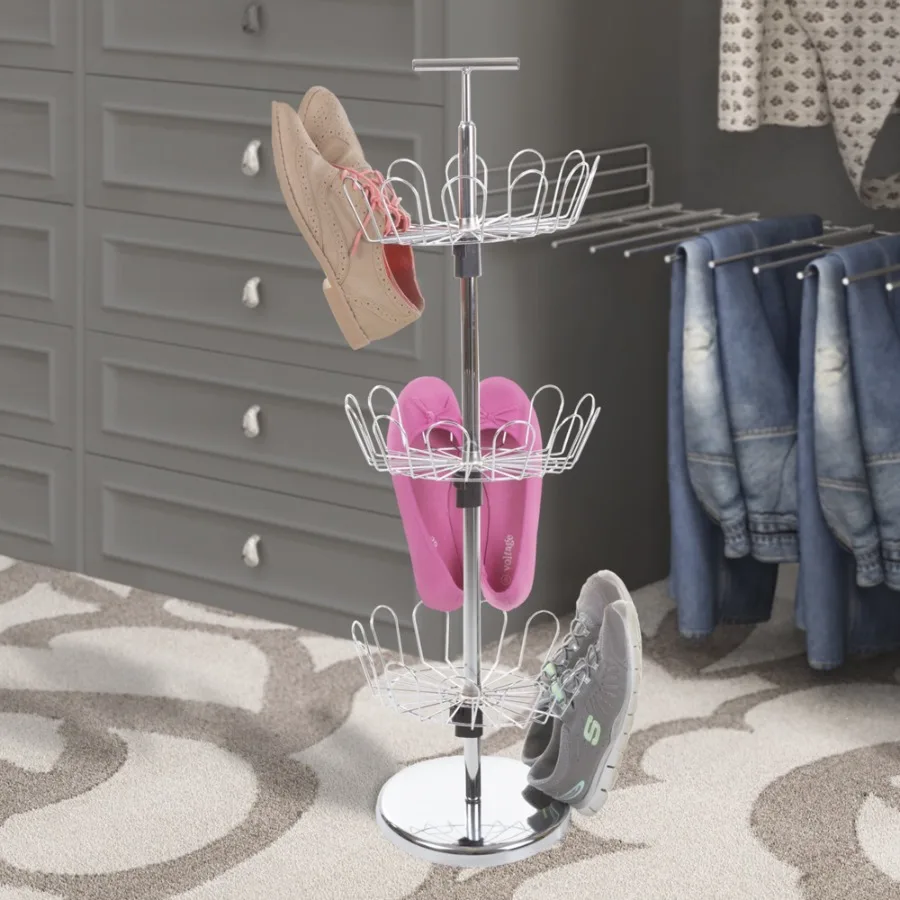Rotating Shoe Rack 3-Tier Shoe Tower Holds 18 Pairs Freestanding Vertical Shoe Carousel with Metal Adjustable Racks by Chrome