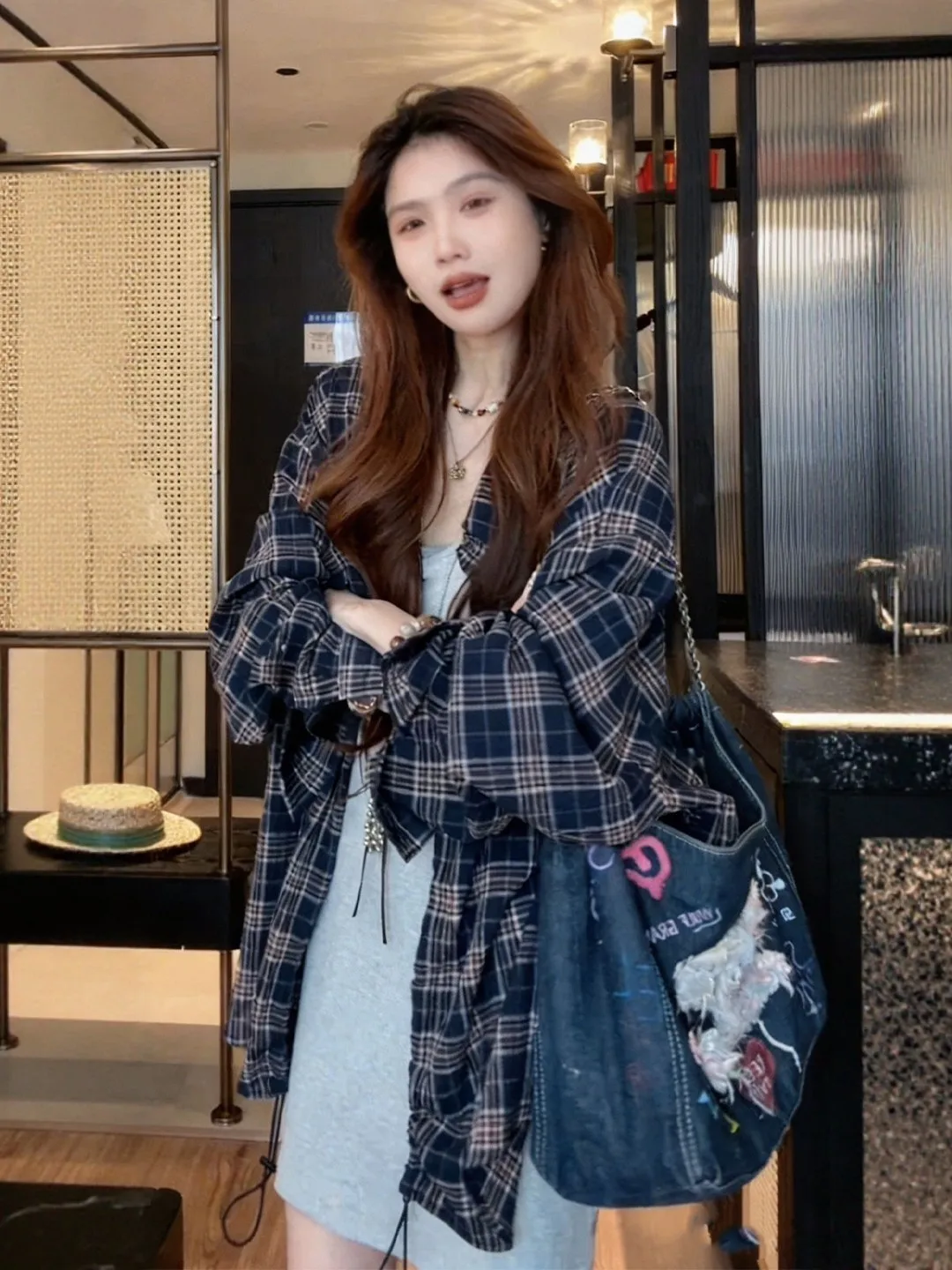 

Retro Korean Plaid Lightweight Long Sleeve Drawstring Loose Casual Top Women's Summer New Lazy Style Sun Protection Shirt
