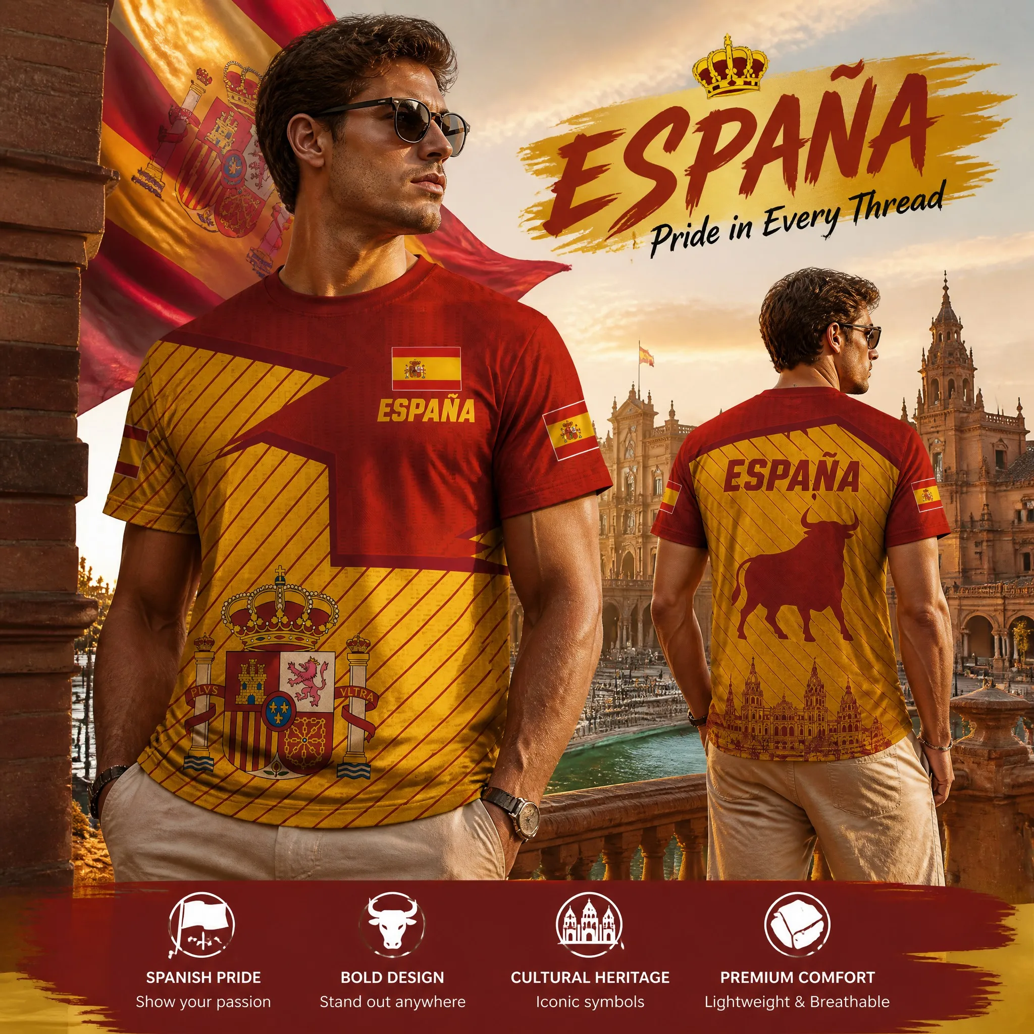 Mens Crew Neck Short Sleeve Espana Graphic T Shirt Red Gold Crest Cathedral Print Casual Summer Heritage Street Top Daily Outfit